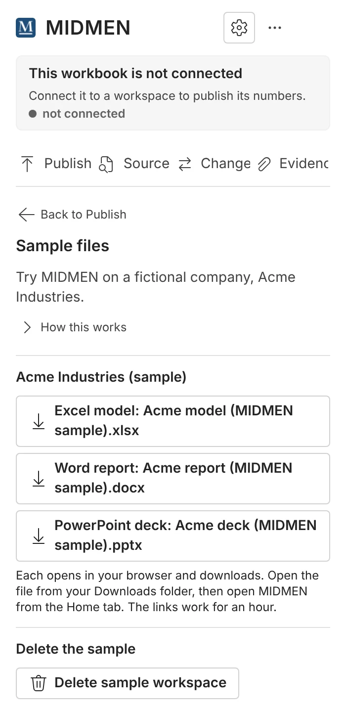 The MIDMEN pane offering the sample workspace: download the Excel model, Word report and PowerPoint deck.